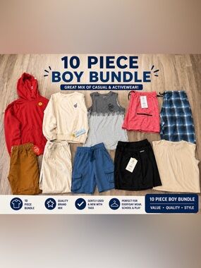 Boys 10 Piece Clothing Bundle Size M–XXL (8–18) NWT & EUC Mixed Lot Of Clothing